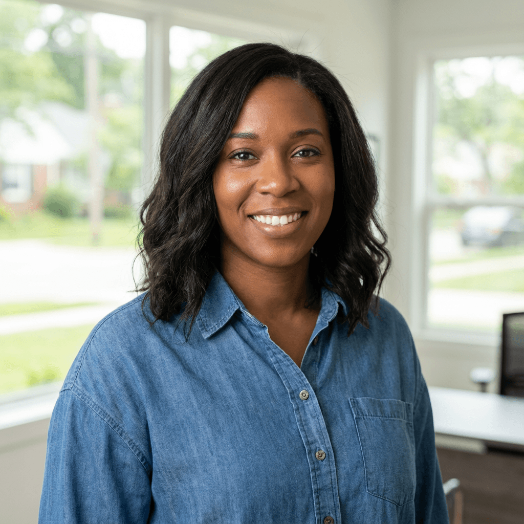 Female business owner in her 30s, Black, composed and professional