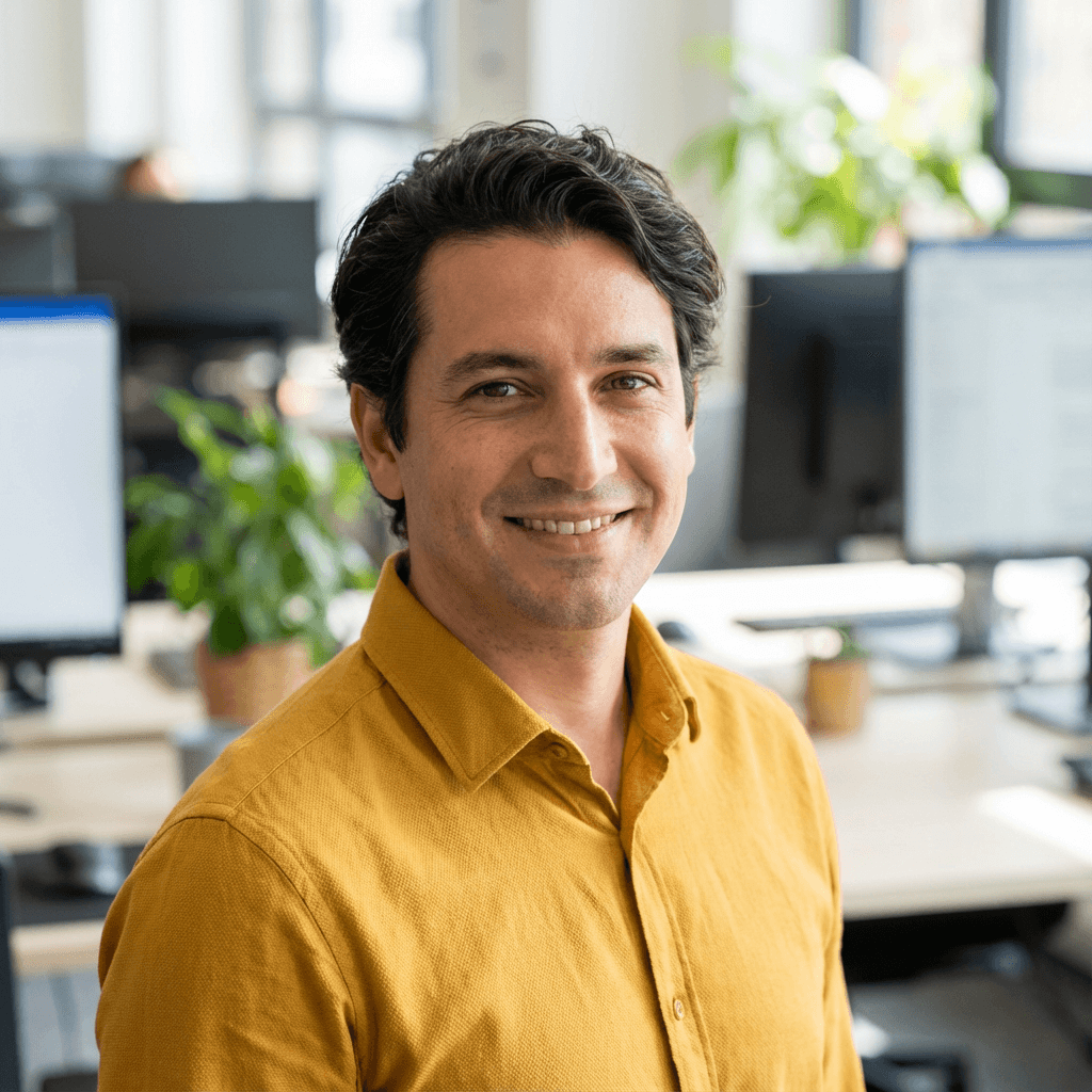 Man in his 30s standing in bright office