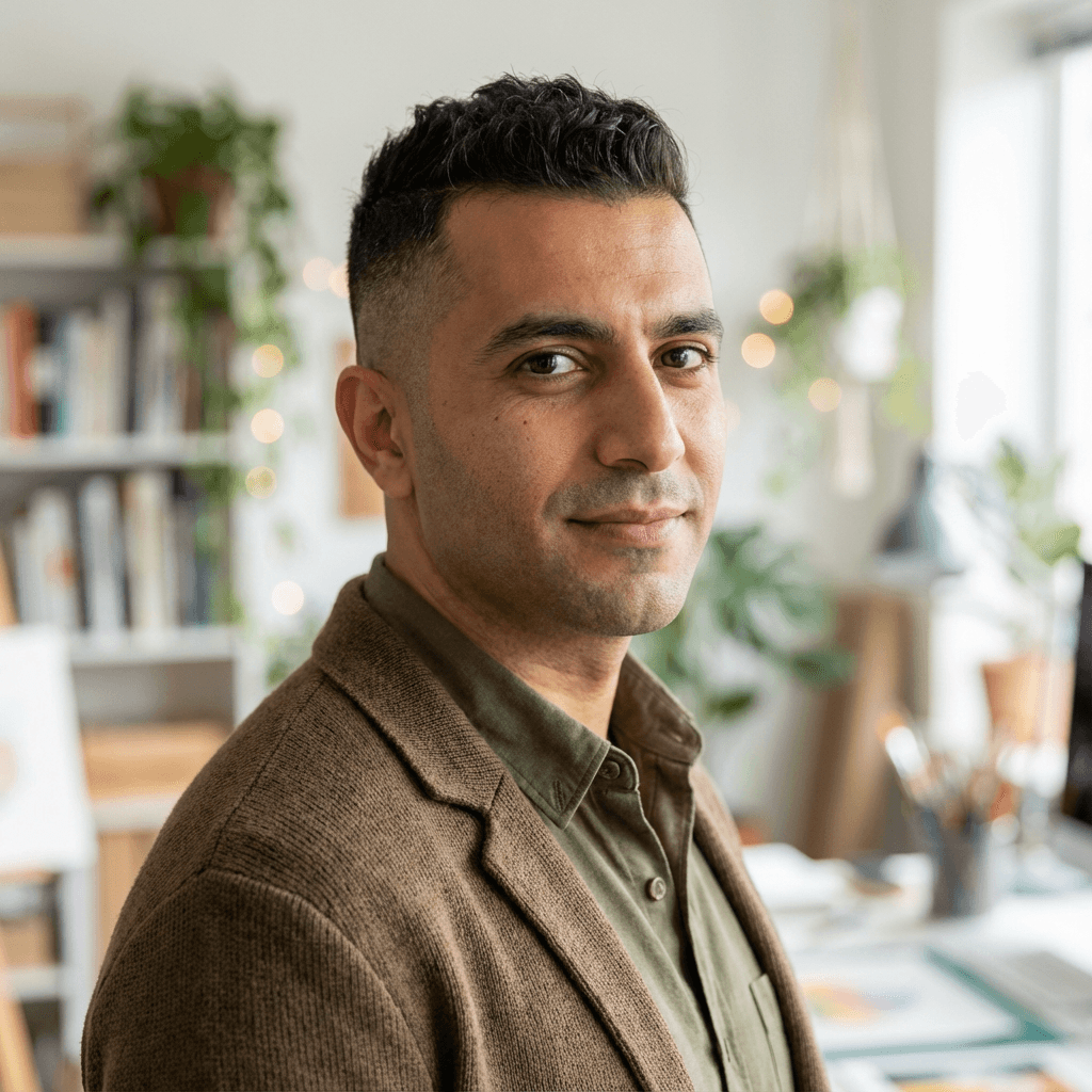 Man in his 40s in casual clothes at home