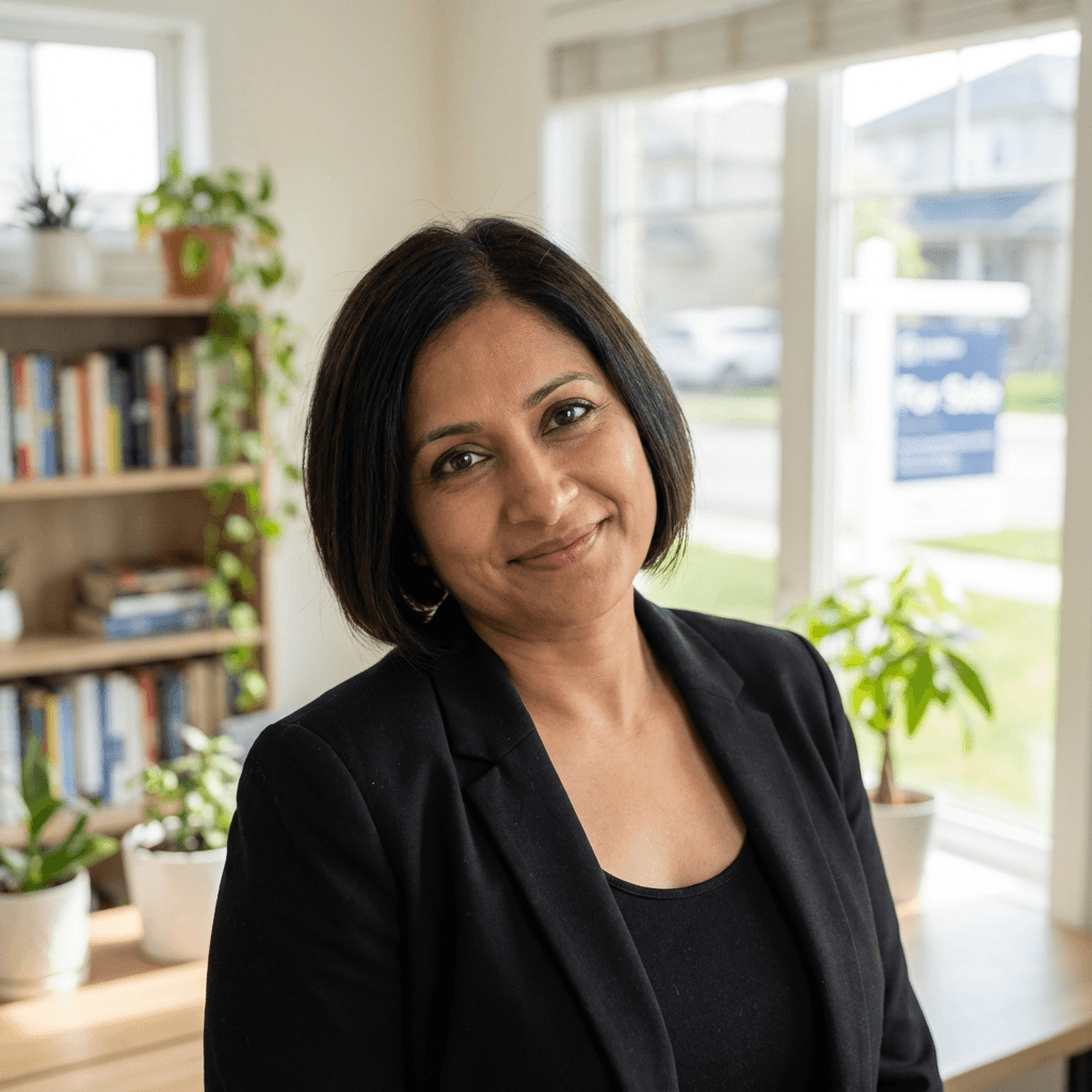 Priya Sharma in a navy blazer smiling in her office