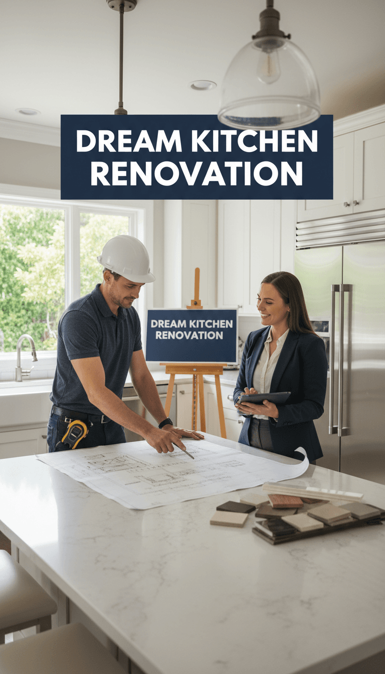 Contractor reviewing renovation plans with a client in a bright kitchen