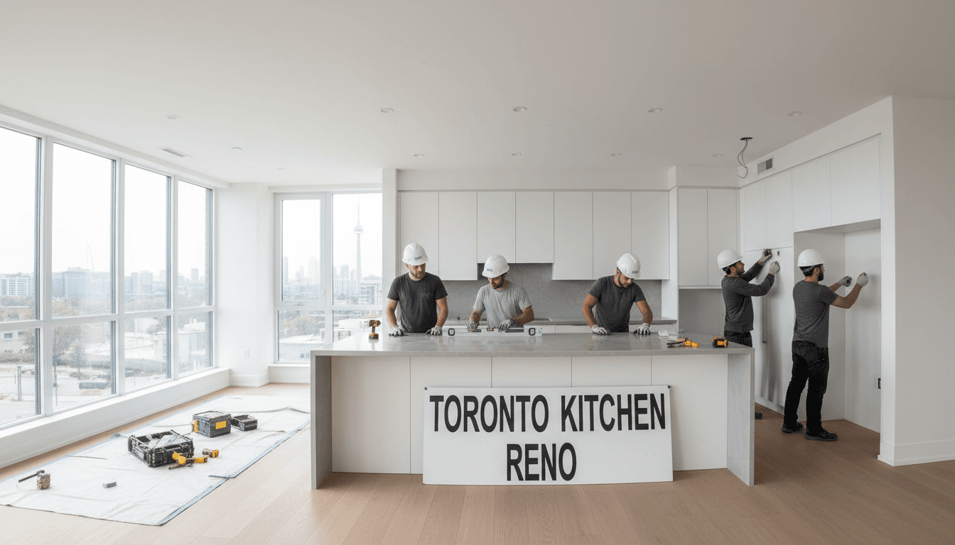 Contractors remodeling a bright modern kitchen