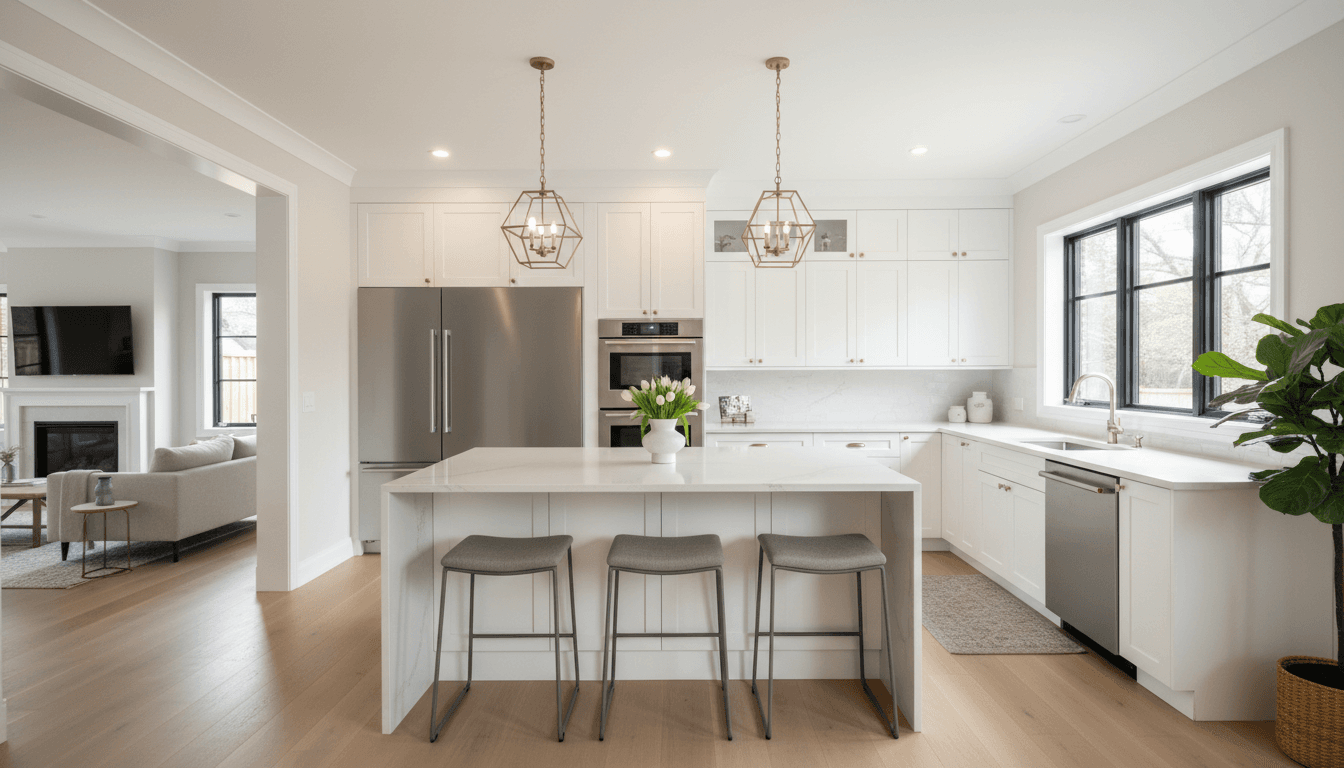 Modern kitchen renovation with white cabinets and quartz countertops