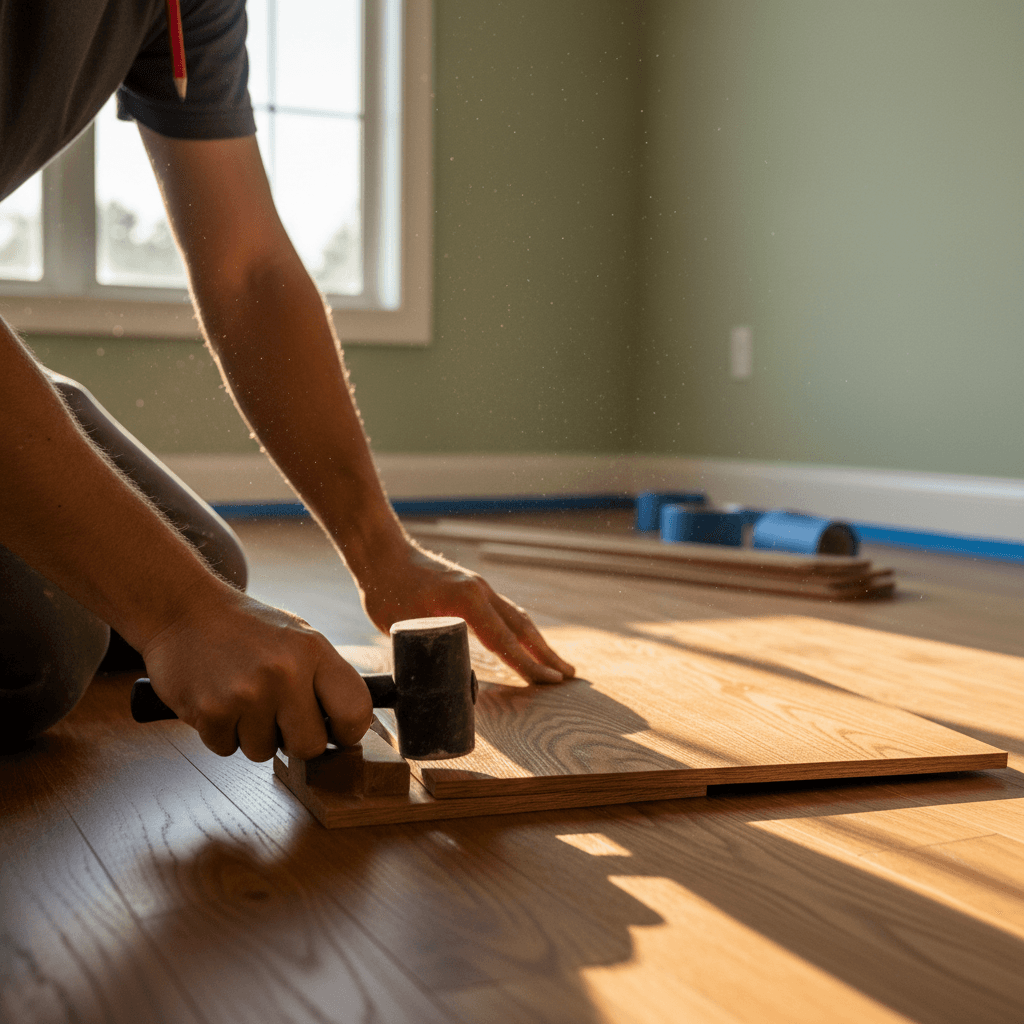 Hardwood flooring installation in a bright living room