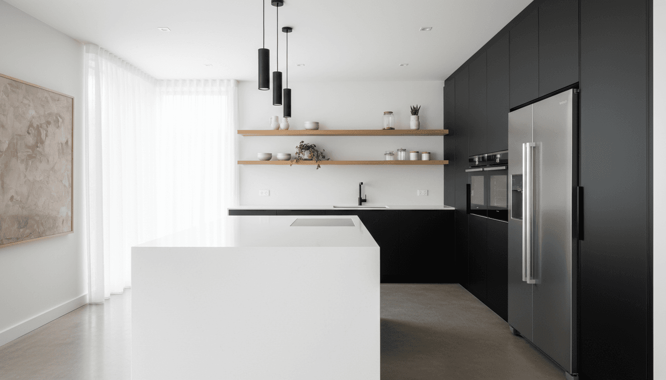 Modern white kitchen renovation with wood flooring