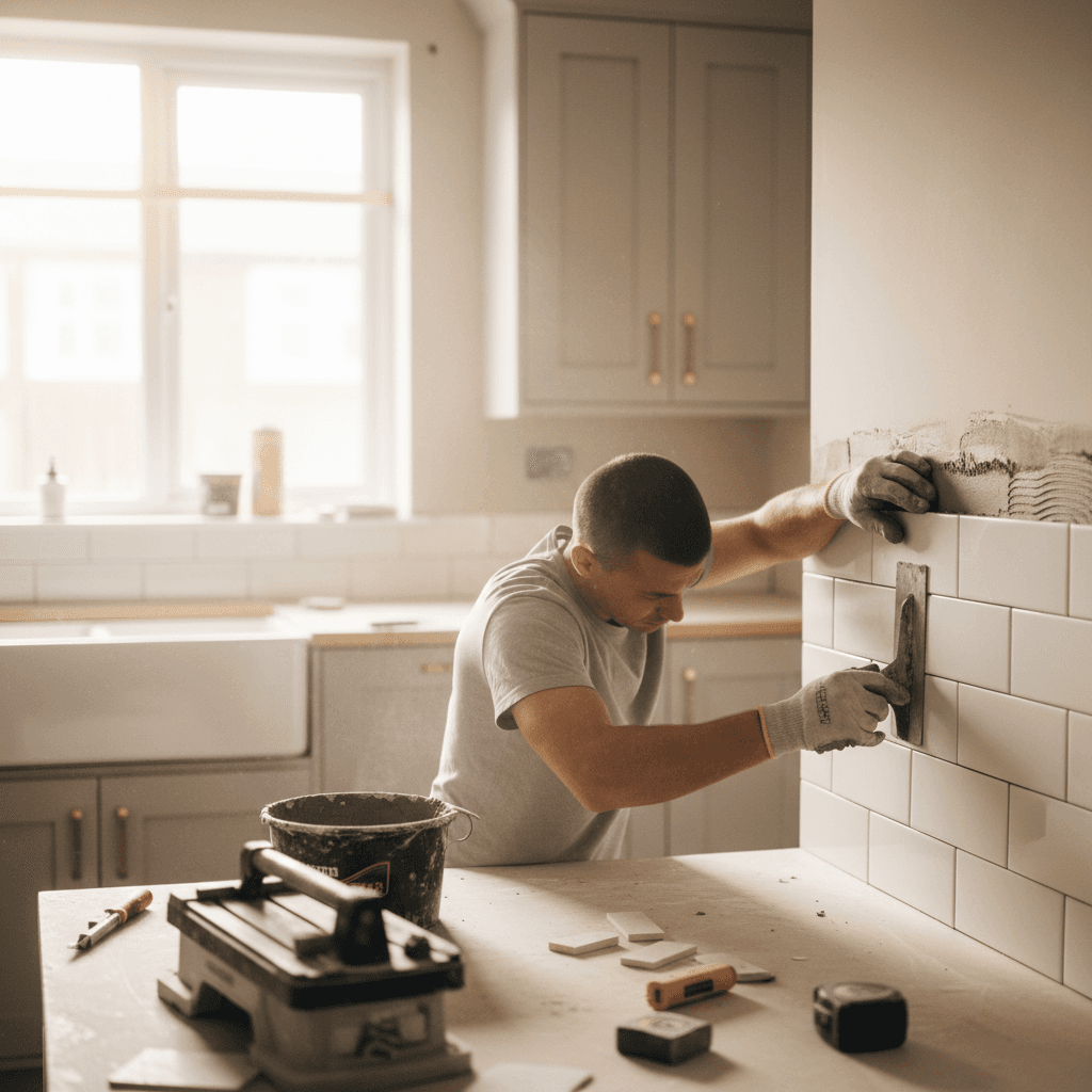 Contractor installing tile backsplash in a kitchen