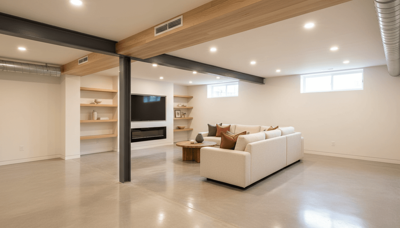 Finished basement with modern entertainment area