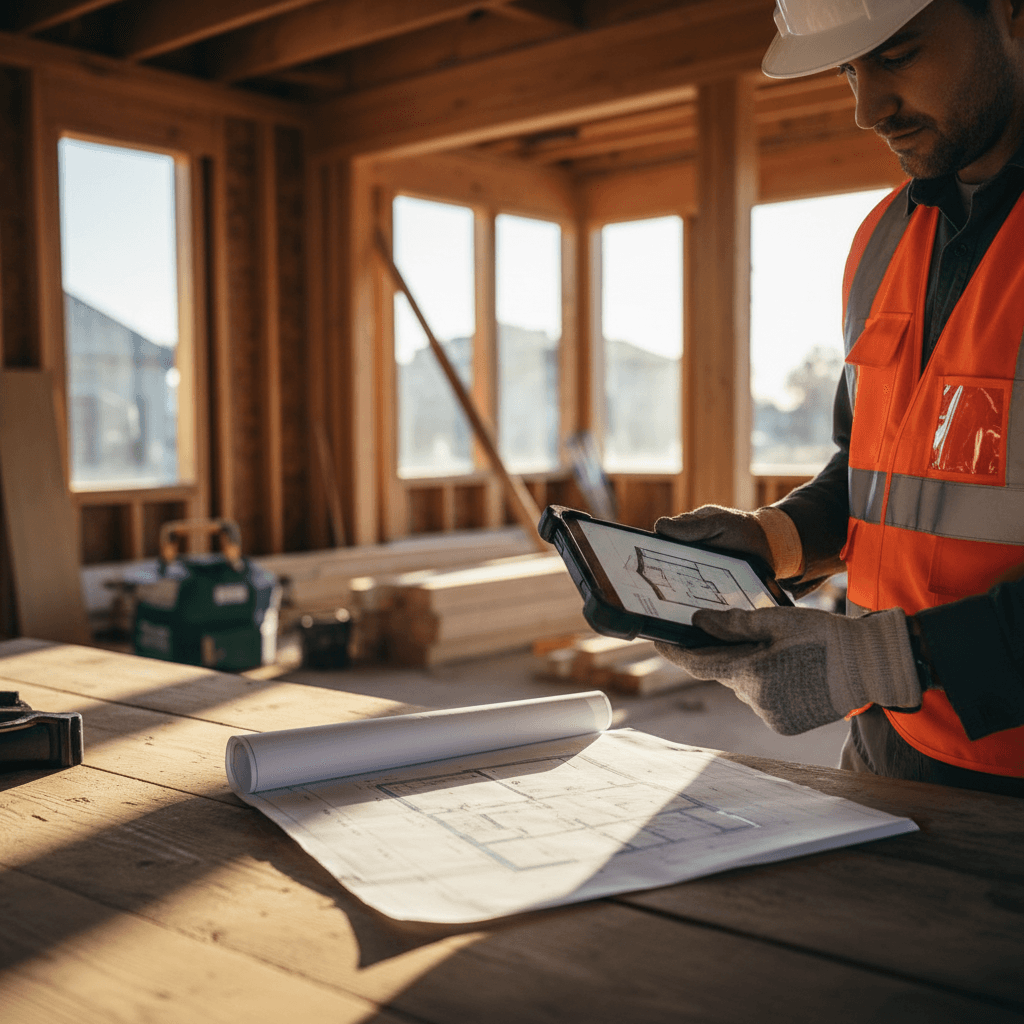 Contractor reviewing plans at a residential renovation site in Toronto